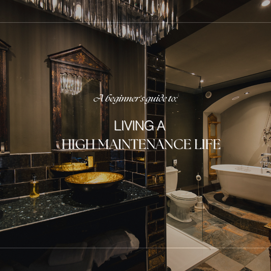 luxury bathroom with the text " a beginners guide to living a high maintenance life"